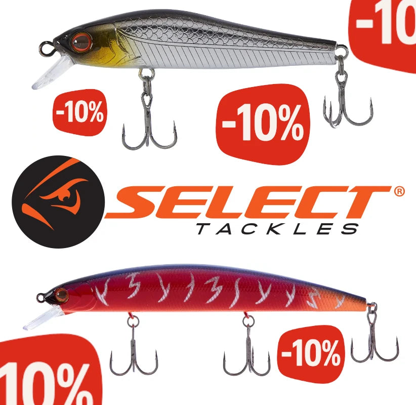 Fishing lures with Select Tackles branding and promotional text on a white background