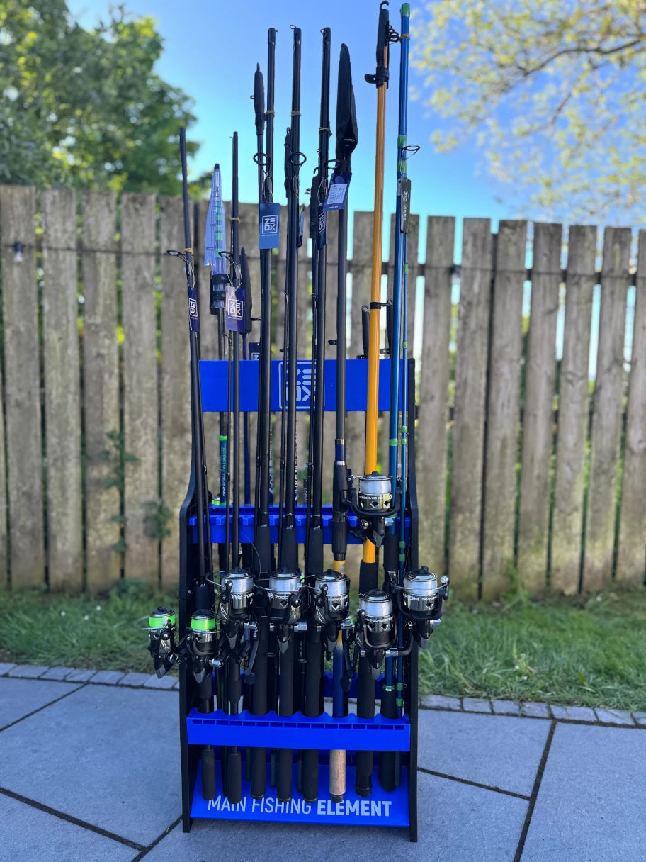 Complete starter pack of spinning rods and reels on stand, bulk fishing gear Ireland
